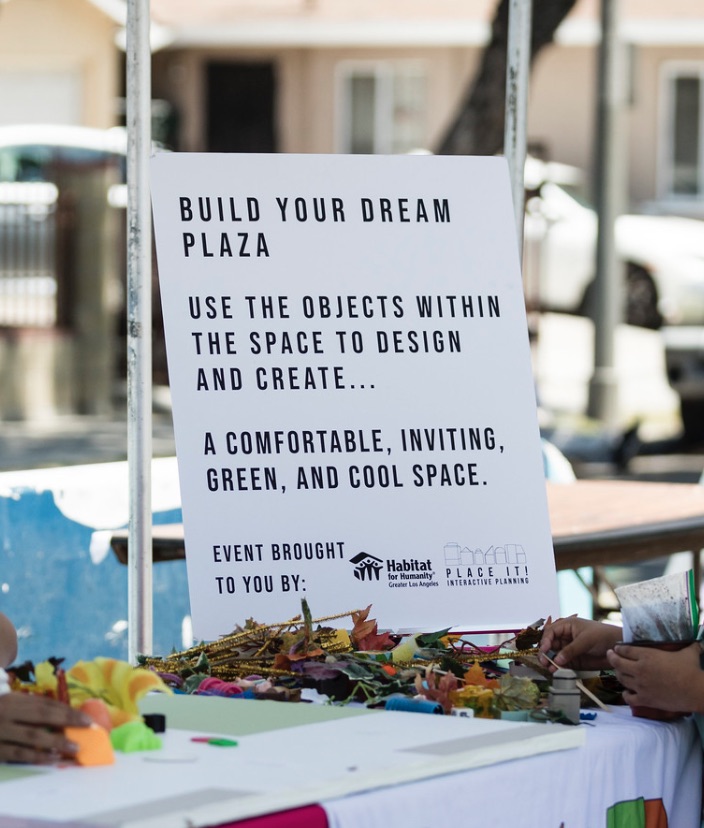 Sign from a pop-up plaza prototyping event in North Long Beach led by Prairieform's John Kamp and Habitat for Humanity of Greater Los Angeles.
