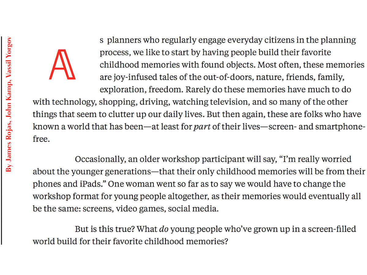 Excerpt from the article for Common Edge exploring why young people's favorite childhood memories aren't of screens.
