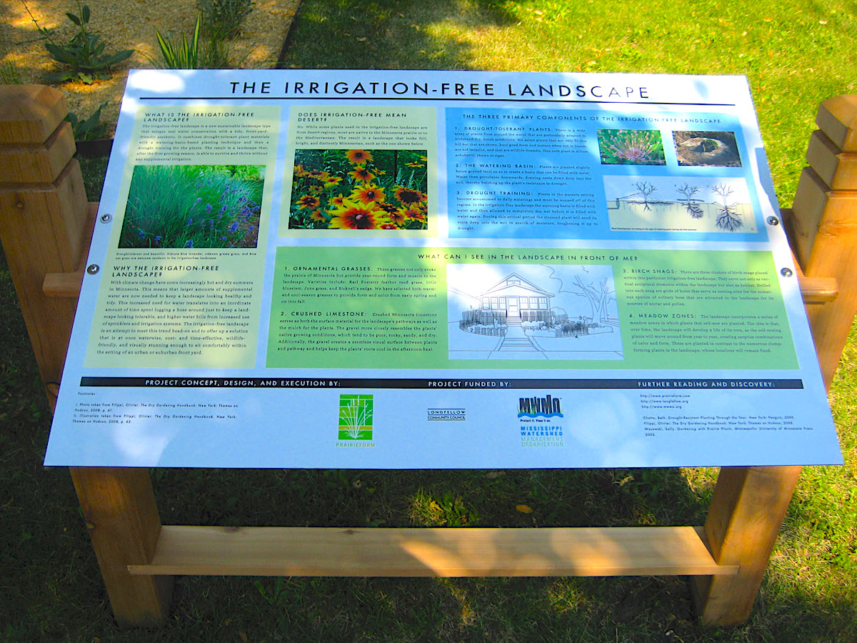 The interpretive sign at the irrgation-free landscape explaining the landscape's components.