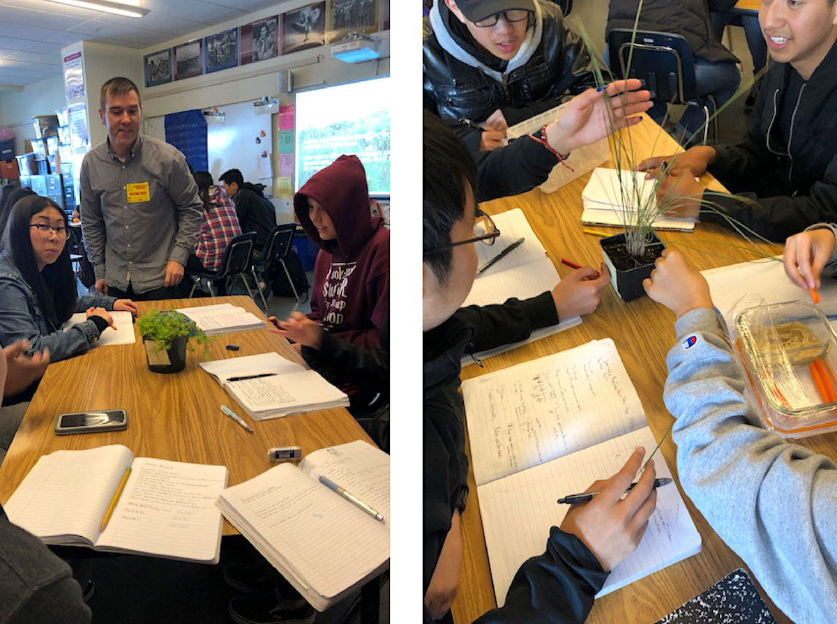 Students at Abraham Lincoln High School and John Kamp going through an interactive, sensory-based exercise on determining the drought adaptations of plants.